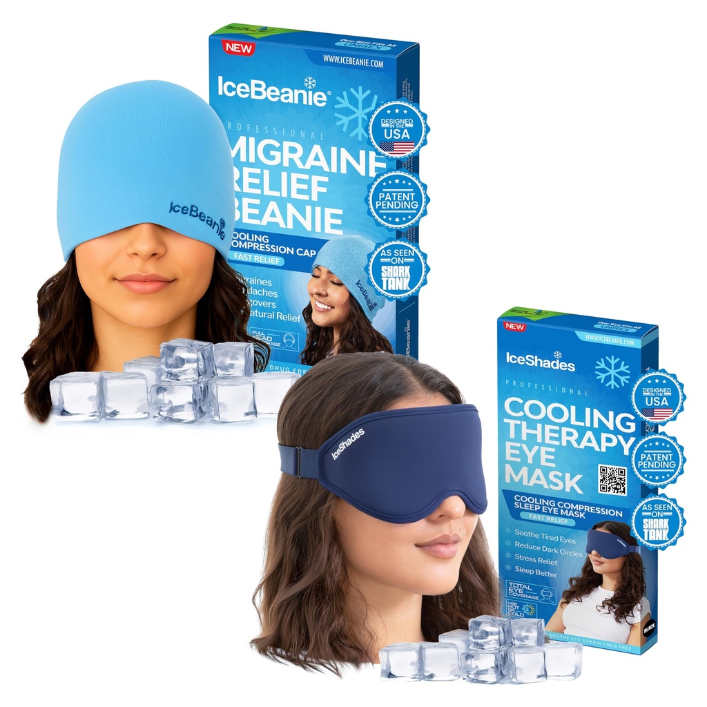 IceBeanie Migraine Relief Cap + IceShades Cooling Gel Eye Mask Blue + Blue Bundle – Headache, Migraine & Tension Relief, Hangover Recovery, Reusable Cold Gel Pack for Head & Eyes