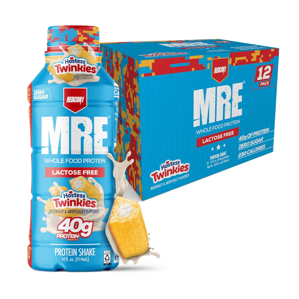 REDCON1 MRE Ready to Drink Protein Shakes Hostess™, Twinkies - Lactose Free RTD Protein Made with Real Whole Food Protein Blends - Easy to Digest Nutritional Shake (12 Pack)