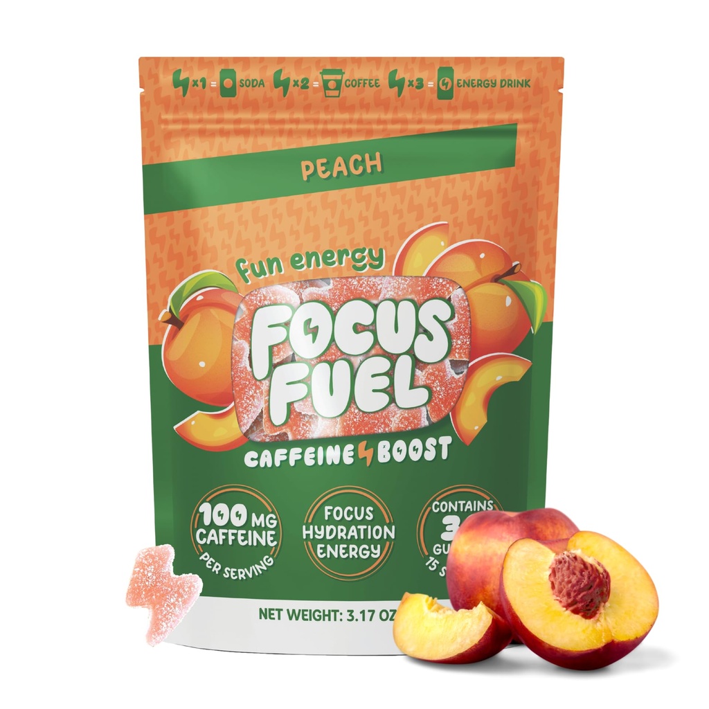 FocusFuel Energy Chews – Peach Flavor (15 Servings) – 100mg Caffeine + Alpha GPC+ L-Theanine + B12, Magnesium – Smooth Focus & Energy – No Crash or Jitters