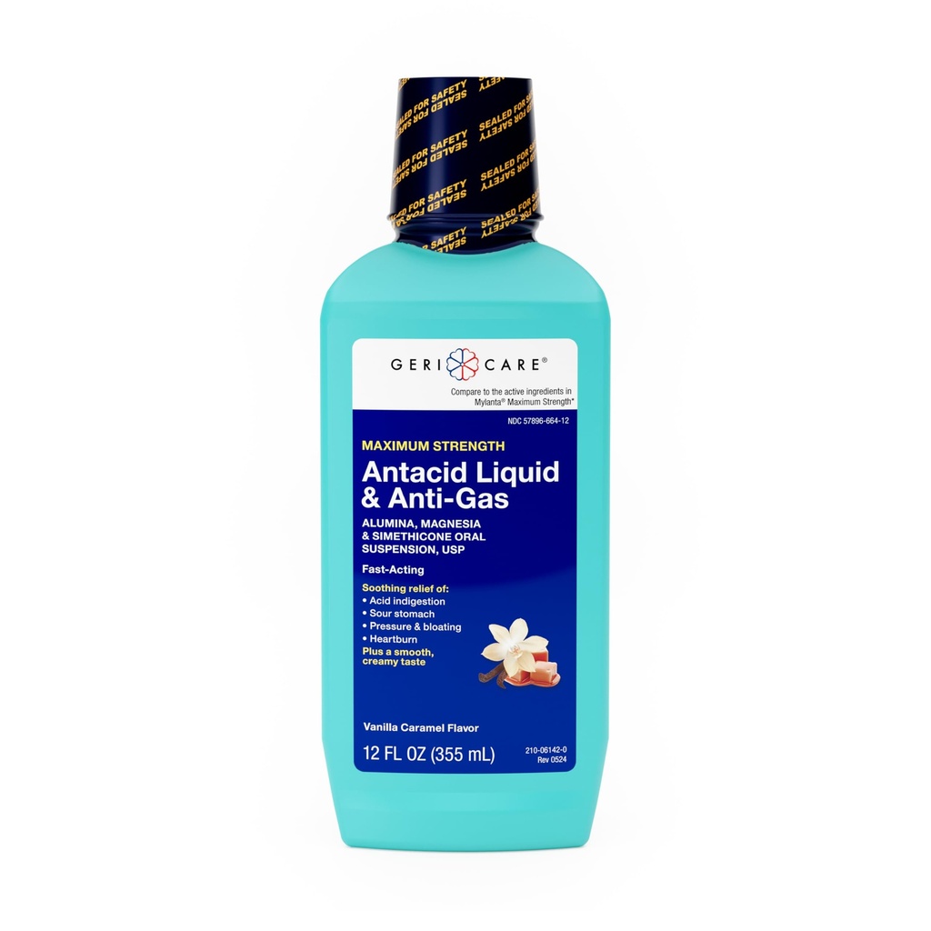 GeriCare Antacid Liquid & Anti-Gas Relief, Maximum Strength for Heartburn, Acid Reflux, Sour Stomach, Pressure & Bloating, Acid Indigestion, & Gas, Vanilla Caramel Flavor, 12 fl oz.