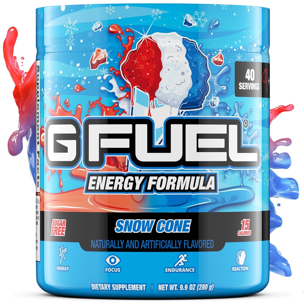 G Fuel Snow Cone Energy Drink Powder, Pre Workout Caffeine Mix for Gaming, Sugar Free Focus Amino, Vitamin + Antioxidants, 9.9oz (Snow Cone, 40 Servings)