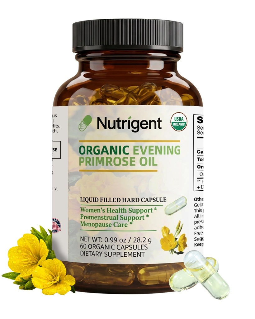 Organic Evening Primrose Oil Supplement, 940 mg 100% Pure with 10% GLA, High Absorption Liquid Organic Capsules, Promotes Women's Health & Skin Health, Cold Pressed, 60 Count