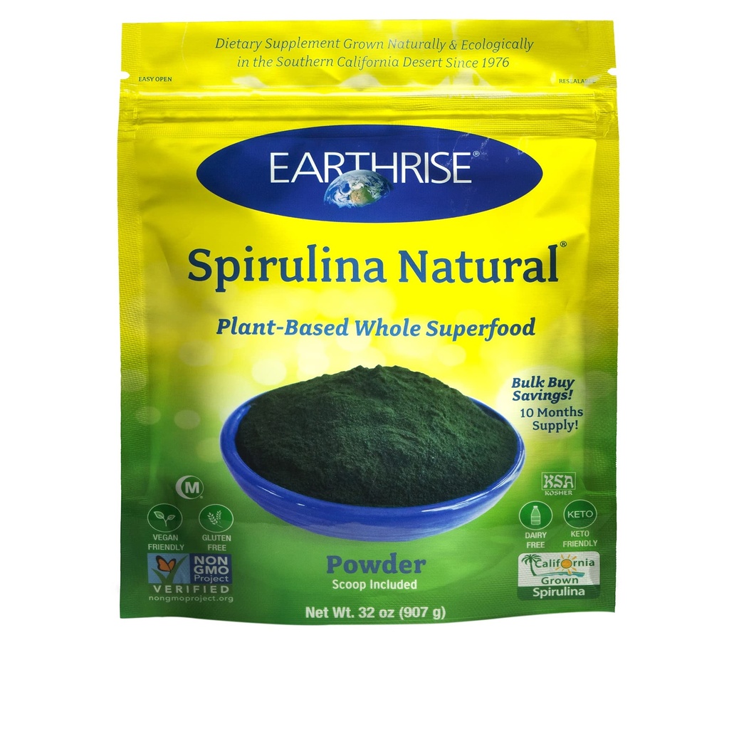 Earthrise Spirulina Natural Powder 32oz (2 LB) | Natural Premium from California, Vegan, Gluten Free, Keto Friendly, Non-GMO Super Food