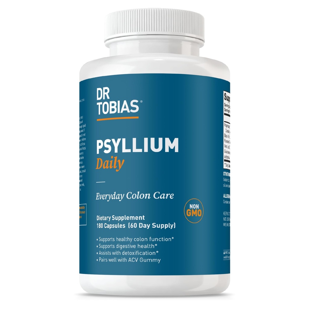 Dr. Tobias Psyllium Daily, Supports Healthy Bowel Movement, Psyllium Husk Capsules with Bentonite Clay, Flaxseed & Natural Ingredients, Daily Fiber Supplement in Support of Colon Health, 180 Capsules