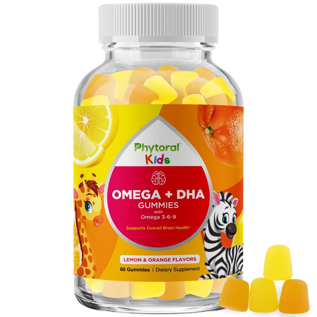 Kids Omega and DHA Gummies - Fatty Acids Omega 3 6 9 with Vitamin C for Vision - Nutritional DHA for Kids for Healthy Nervous System & Focus Support - Fish Free - 60 Count