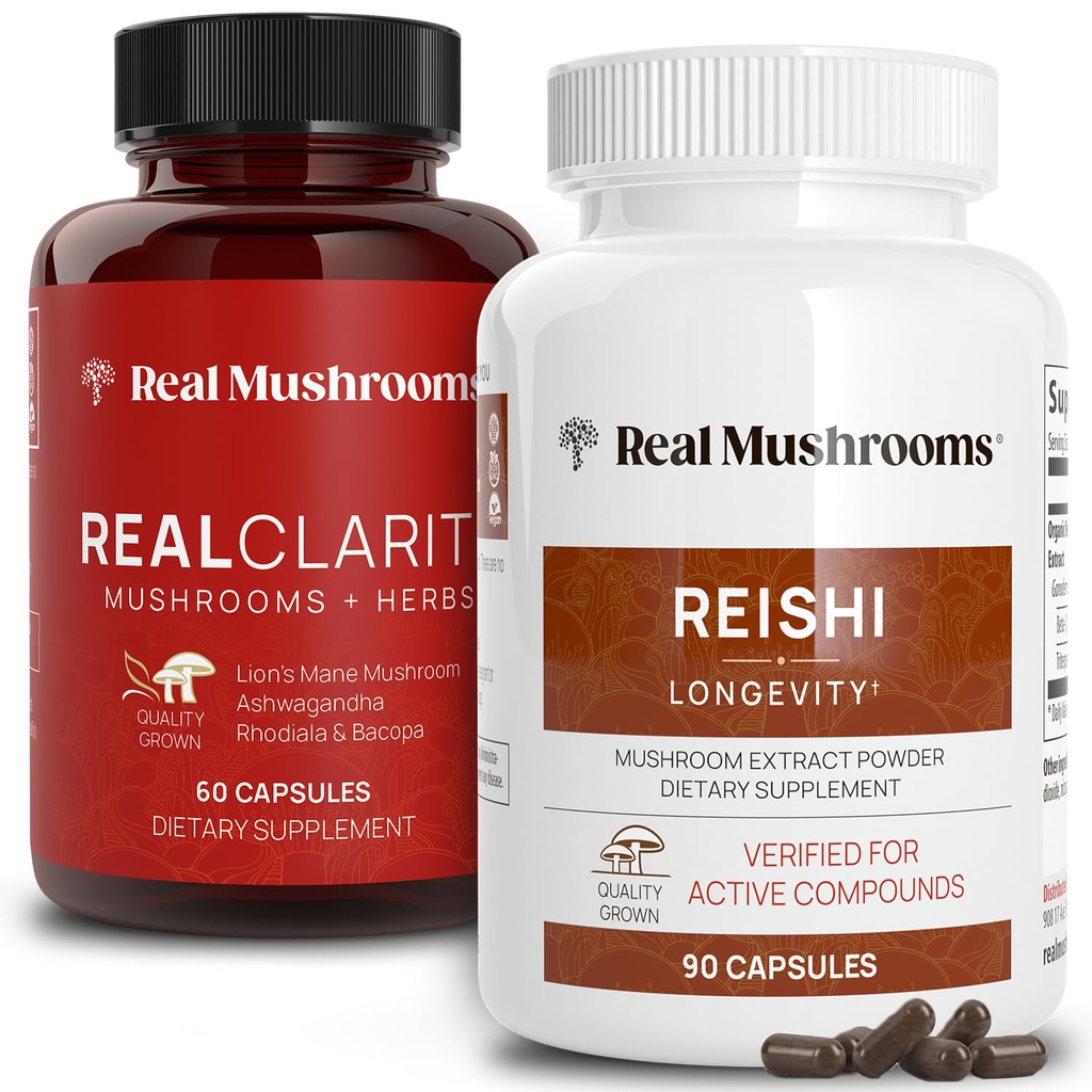 Real Mushrooms RealClarity (60ct) and Reishi (90ct) Capsules Bundle - Mushroom Supplement for Mental Clarity, Focus, Relaxation, Sleep & Longevity - Vegan, Non-GMO, Verified Levels of Beta-Glucans