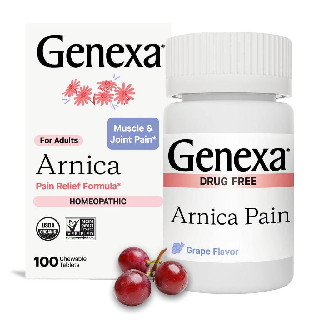 Genexa Arnica for Pain Relief | Alleviate Muscle & Joint Pain, Soreness & Stiffness | Reduces Bruises & Swelling | Organic Grape Flavor | Homeopathic Remedy Made Clean | 100 Chewable Tablets​