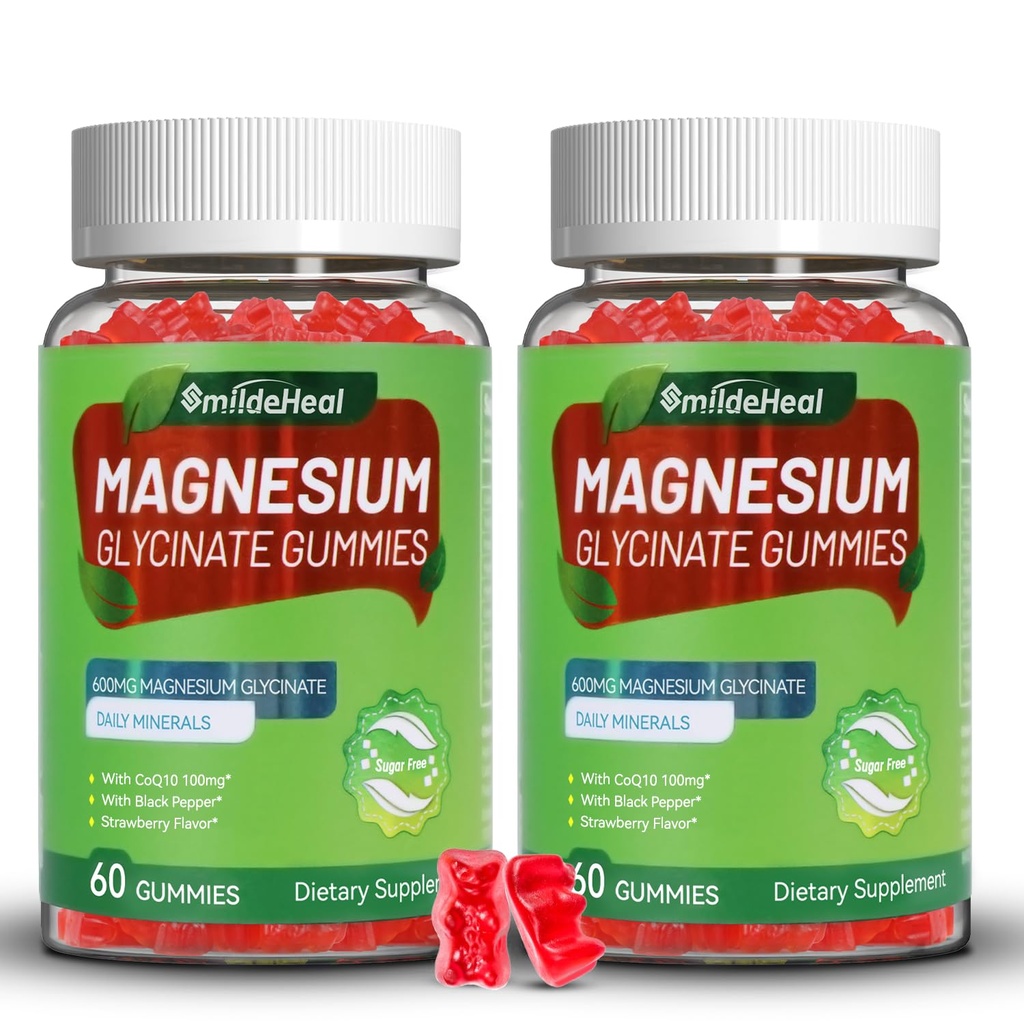 Magnesium Glycinate Gummies 600mg, Magnesium Gummies for Women & Men, with Magnesium L-Threonate 300mg, CoQ10 and Black Pepper, Vegan (120 Count)