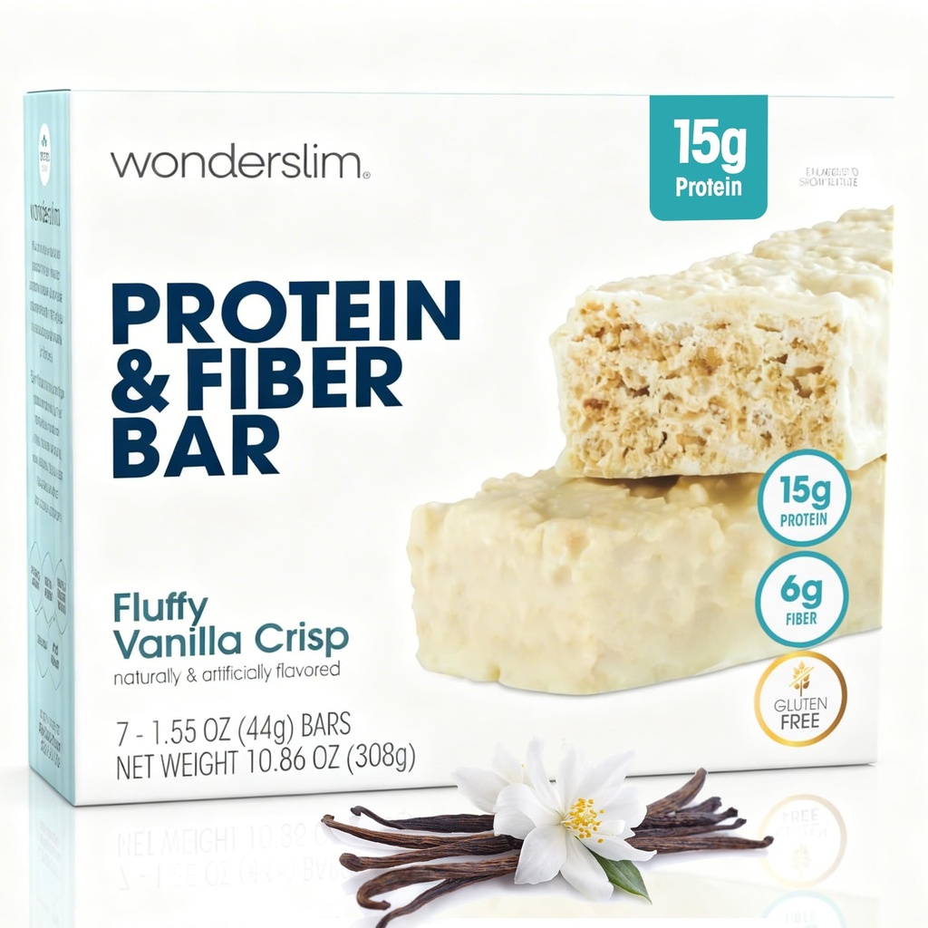 Wonderslim High Fiber Protein Bars, Fluffy Vanilla Crisp | 15g Protein, 6g Fiber | Low Sugar, Low Carb | Healthy Indulgence | Satisfying, Supports Energy & On-the-Go Convenience, 7 Pack