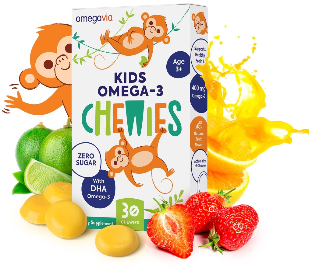 OmegaVia Omega 3 Chewies - Ultra-High DHA Chewables - Omega 3 for Kids Supports Brain & Eye Health - Sugar-Free Natural Fruit Flavor - Kids Omega 3 Fish Oil Chewies (30 Count)