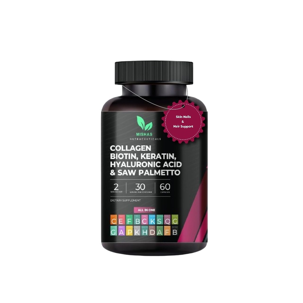 Multi Collagen Hair Pills - Biotin 10,000mcg, Keratin & Hyaluronic Acid - Hair Growth - Hair Skin & Nails Vitamins & DHT Blocker - Vitamin E Folic Acid Pumpkin Seed MSM, Saw Palmetto 60 Vegan Capsules