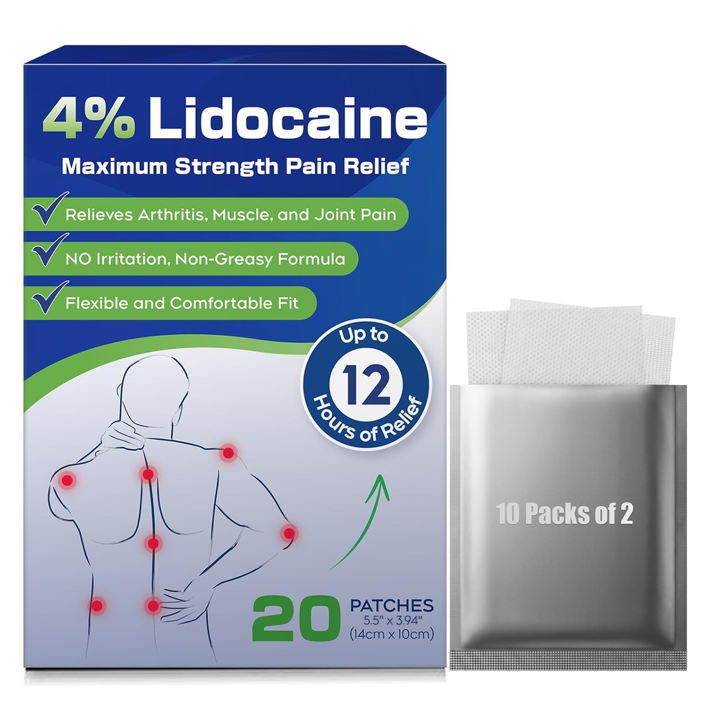 Uposiut 4% Lidocaine Patches - 20 Count Maximum Strength Lidocaine Patches, 10 Packs of 2 Patches for Muscle Pain Relief in The Neck, Shoulders, Back, Knees, and Anks, 12 Hour Pain Relief-012345