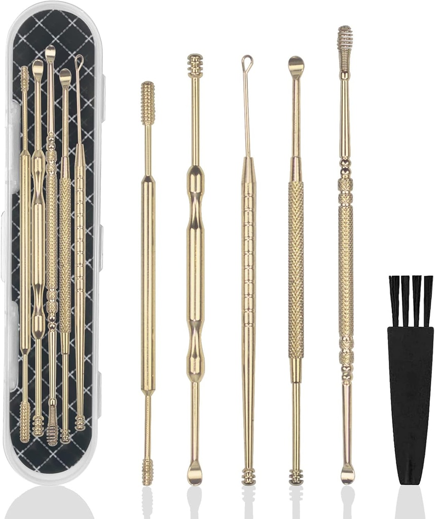 Hion 6 Pcs Extended Ear Wax Removal Kit,Professional Double-Headed Ear Pick Earwax Removal Tools,316L Stainless Steel Ear Cleaner Curette with Cleaning Brush and Storage Box,Suit for Kid Adult(Gold)