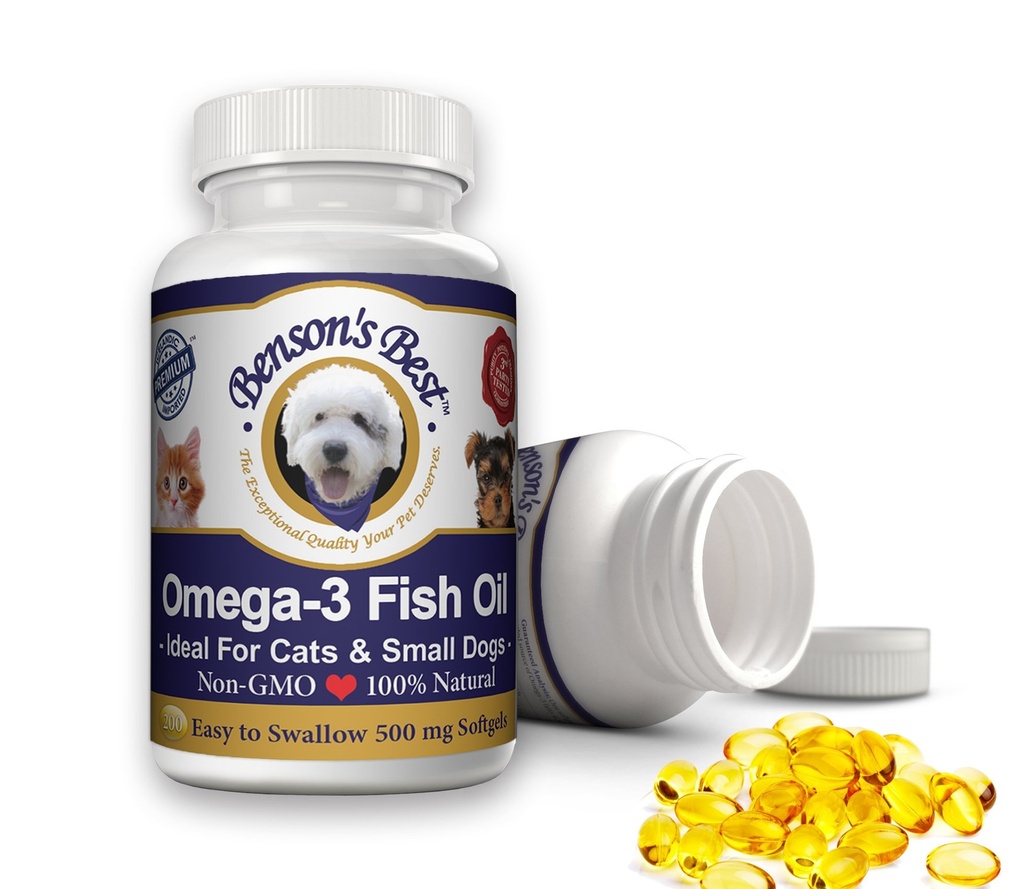 Benson's Best Omega 3 Fish Oil for Cats & Small Dogs - 200 Softgels 500mg - 43% More Omega 3 Fatty Acids Than Salmon Oil - 100% Pure, Non-GMO, Natural Pet Food Supplements