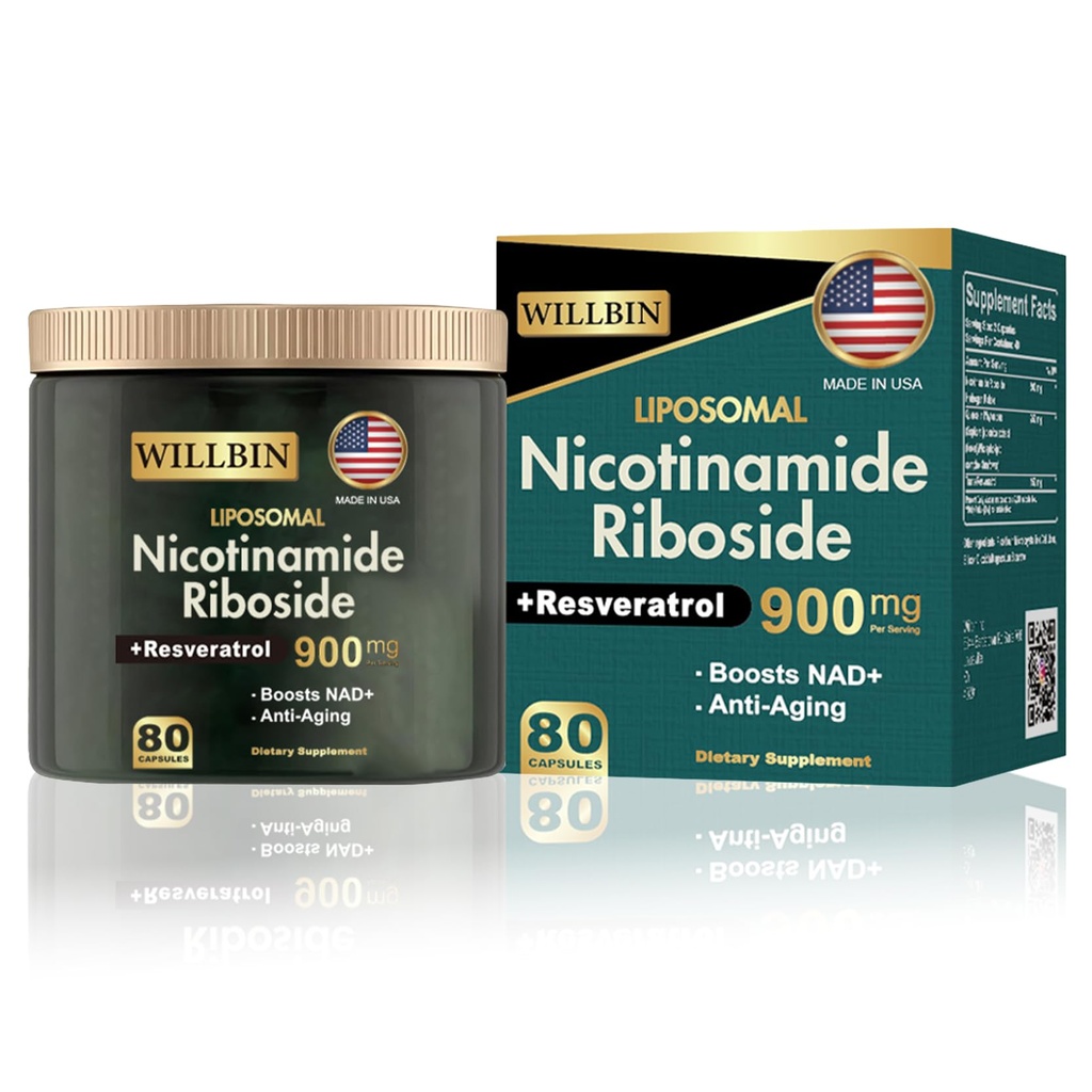 Liposomal NAD+ Supplement, 900mg Nicotinamide Riboside with Resveratrol, Anti-Aging Energy & Focus Support for Women & Men, 80 Vegan Gluten-Free Capsules