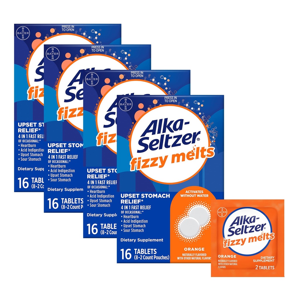 Alka-Seltzer Fizzy Melts, Dissolve on Tongue, No Water Needed, On-The-Go Dietary Supplement Antacid Tablets, for Relief of Occasional Heartburn and Acid Indigestion*, Orange Flavor, 64 Count