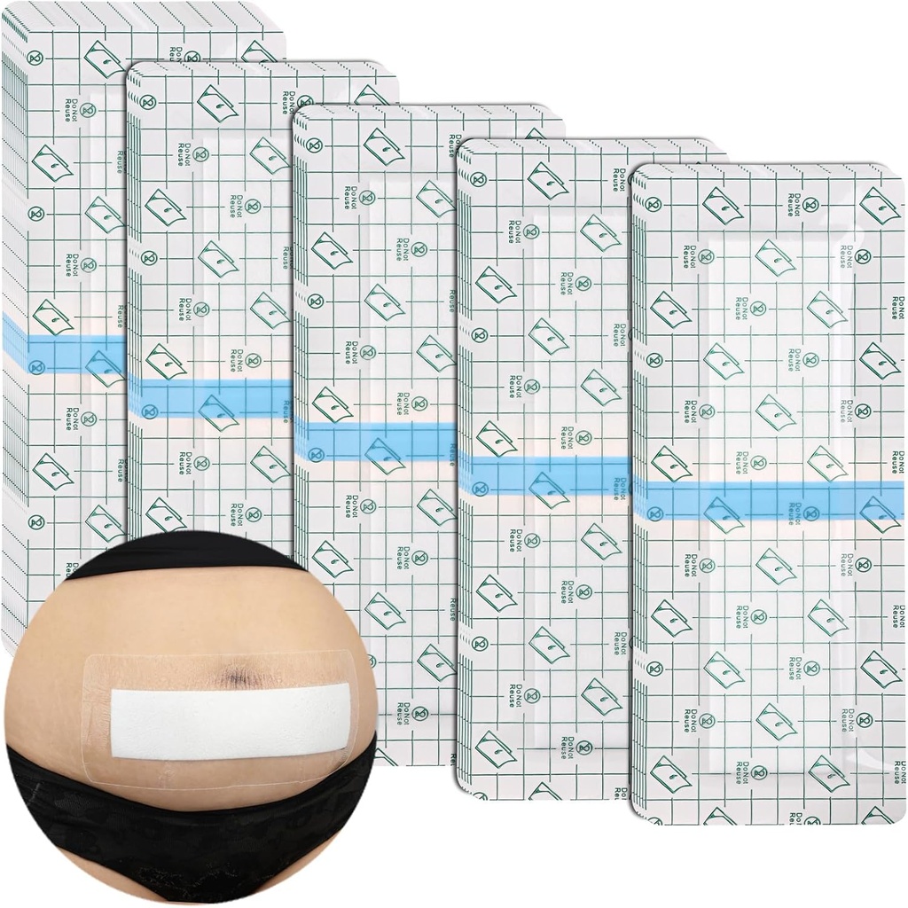 C-Section Waterproof Abdominal Incision Bandages Post Hysterectomy Tummy Tuck Shower Protector Scar Cover with Protective Pad Patches Island Dressing Tapes Large Wound Care Supplies 4x10 Pack of 14